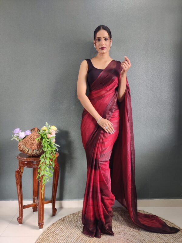 Wine Red To Deep Maroon Georgette Soft Ombré Pattern Ready To Wear Saree With Unstitched Blouse