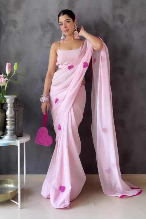 Baby Pink Heart Embellishments Georgette Ready To Wear Saree With Unstitched Blouse