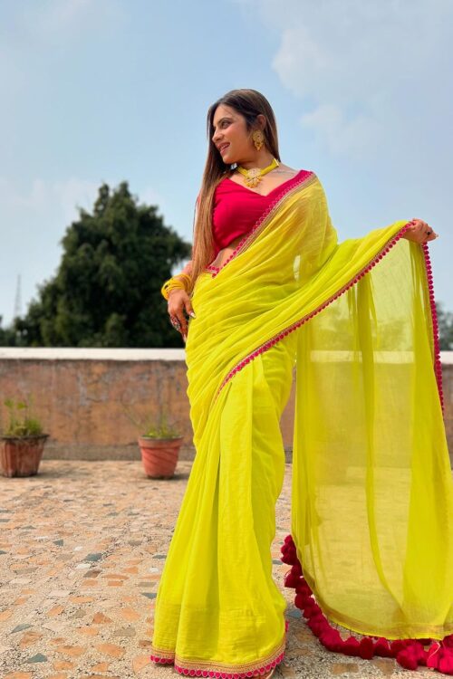 Lemon Yellow Cotton With Hot Pink Border And Tassels Ready To Wear Saree With Unstitched Blouse