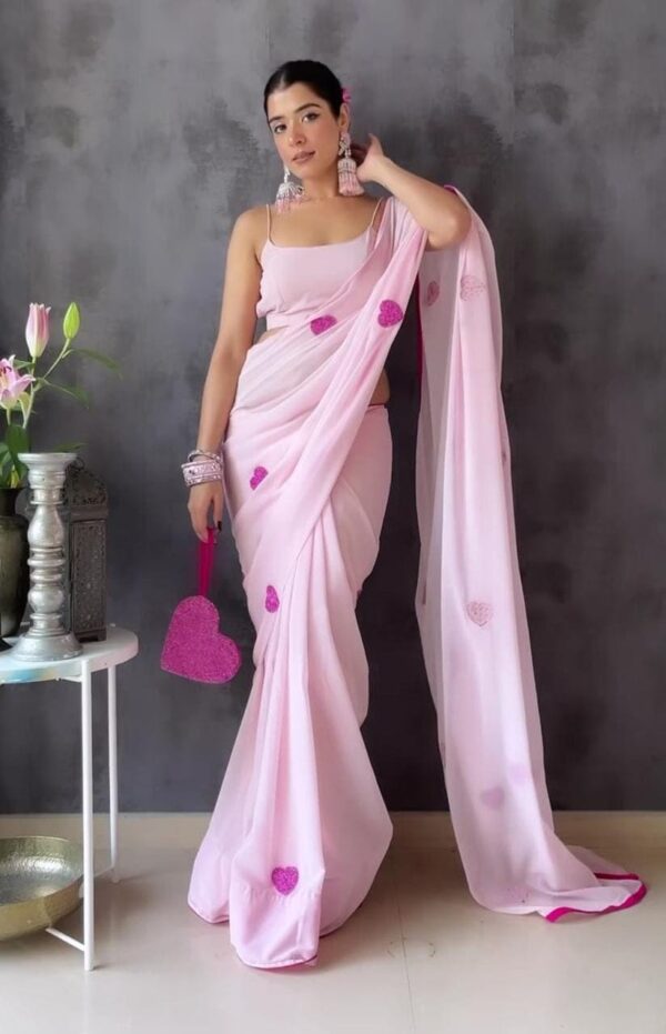Baby Pink Heart Embellishments Georgette Ready To Wear Saree With Unstitched Blouse
