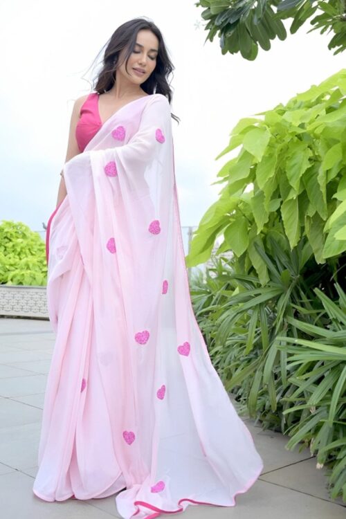Light Pink Heart Embellishments Georgette Ready To Wear Saree With Unstitched Blouse
