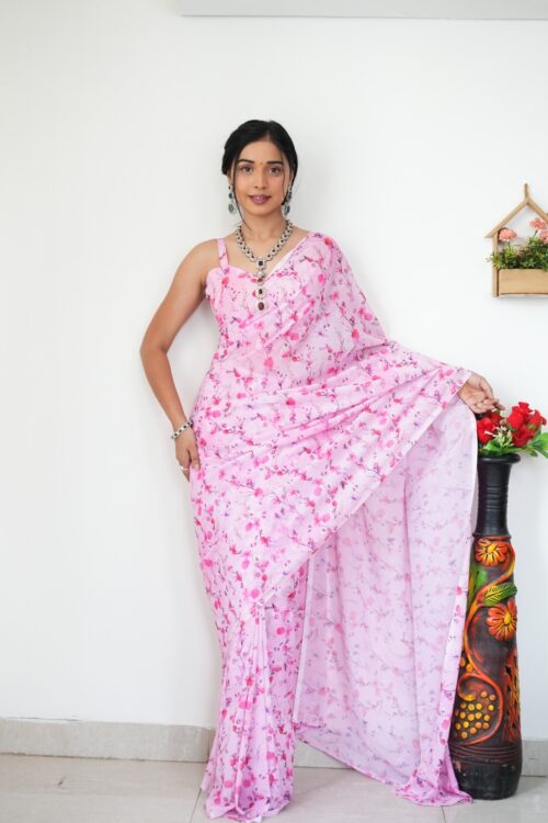 Pastel Pink Features A Delicate Floral Print Georgette Ready To Wear Saree With Unstitched Blouse
