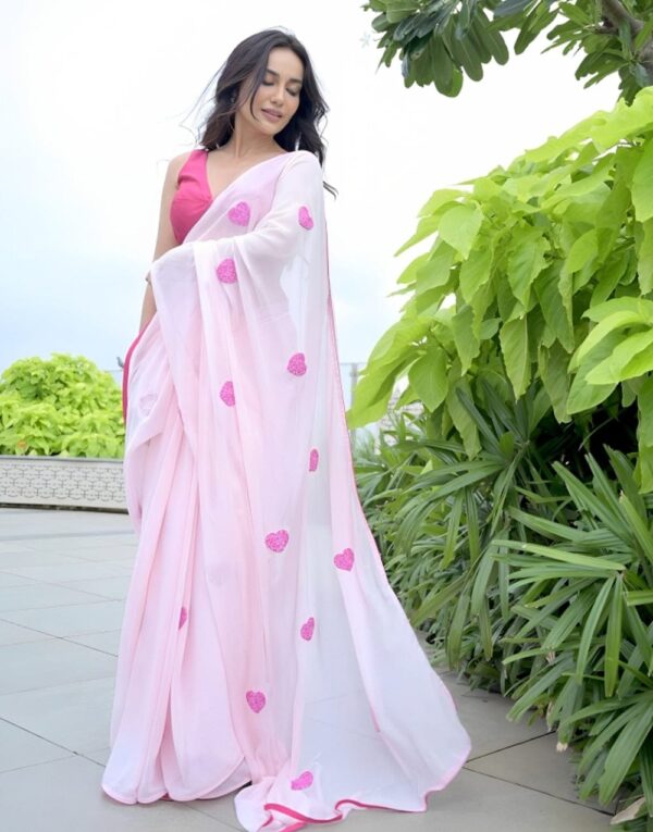 Light Pink Heart Embellishments Georgette Ready To Wear Saree With Unstitched Blouse