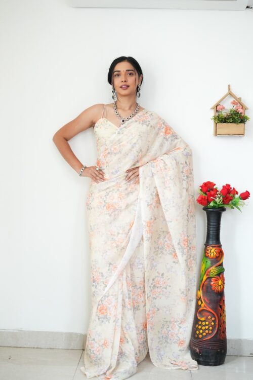 Light Cream With Pastel Orange And Lilac Floral Prints Georgette Ready To Wear Saree With Unstitched Blouse
