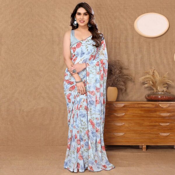 Pastel Blue Shade Floral Prints In Pink And Lavender Tones Georgette Ready To Wear Saree With Unstitched Blouse