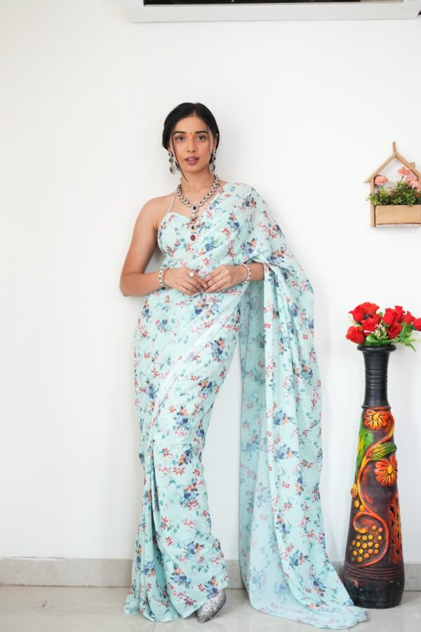 Pastel Blue With Multi-color Floral And Fan Motifs Georgette Ready To Wear Saree With Unstitched Blouse