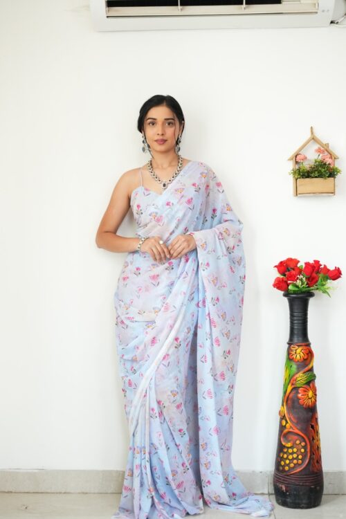 Light Blue With Multicolor Floral And Fan Motifs Georgette Ready To Wear Saree With Unstitched Blouse