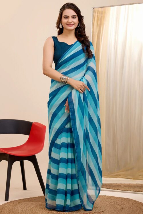 Blue In Light And Dark Stripes Georgette Ready To Wear Saree With Unstitched Blouse