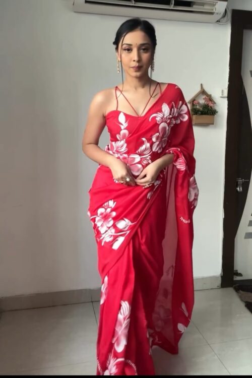 Red With Bold White Floral Prints Georgette Ready To Wear Saree With Unstitched Blouse