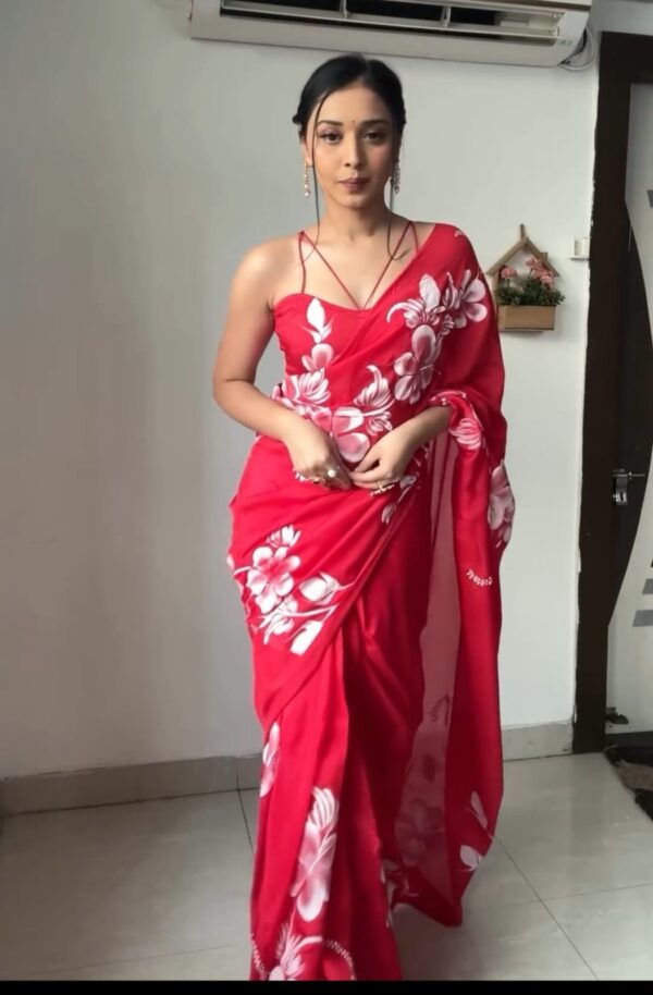 Red With Bold White Floral Prints Georgette Ready To Wear Saree With Unstitched Blouse
