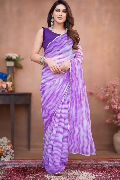 Lavender And White With Shibori-style Wavy Tie-dye Print Georgette Ready To Wear Saree With Unstitched Blouse