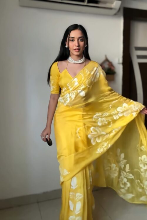 Yellow With Bold White Floral Prints Georgette Ready To Wear Saree With Unstitched Blouse