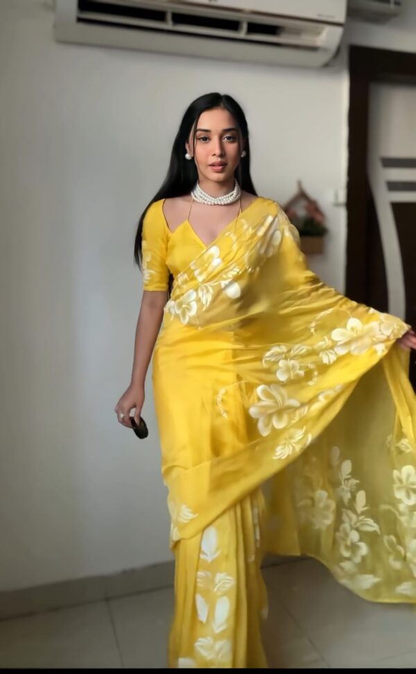 Yellow With Bold White Floral Prints Georgette Ready To Wear Saree With Unstitched Blouse
