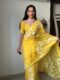 Yellow With Bold White Floral Prints Georgette Ready To Wear Saree With Unstitched Blouse