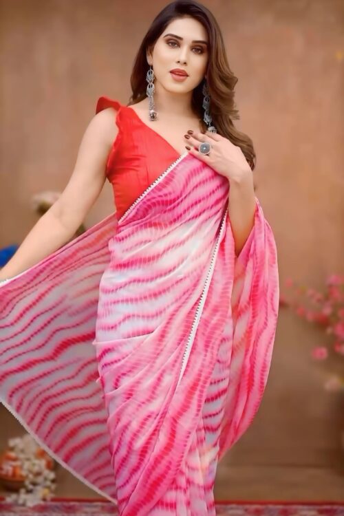 Vibrant Pink And White Shibori Tie-dye Waves Georgette Ready To Wear Saree With Unstitched Blouse