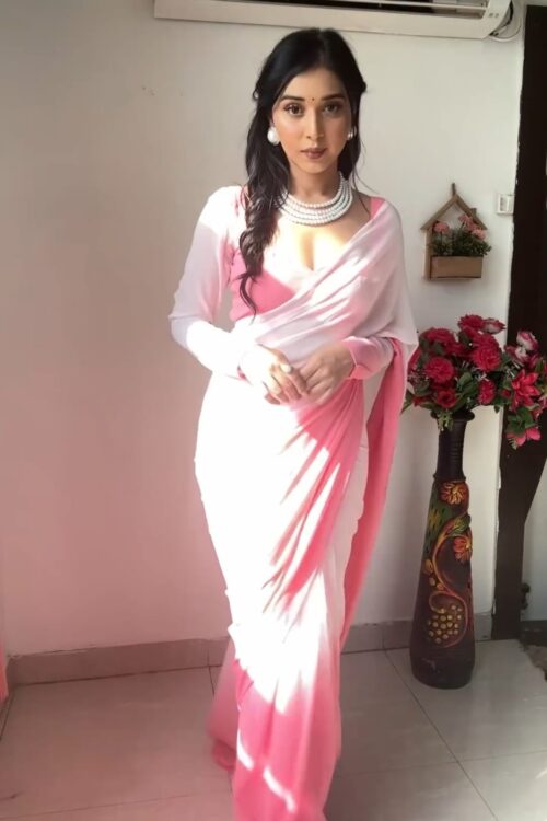 Baby Pink And White Omber Print Georgette Ready To Wear Saree With Unstitched Blouse