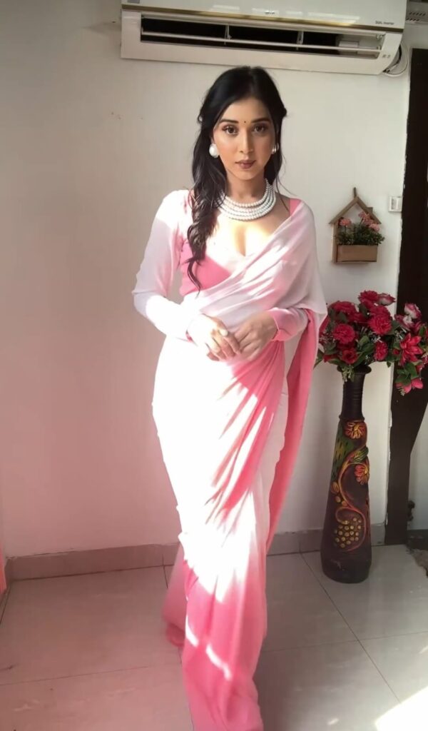 Baby Pink And White Omber Print Georgette Ready To Wear Saree With Unstitched Blouse