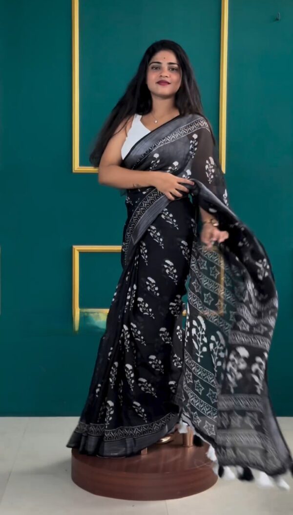 Black Color Soft Linen Handblock-inspired Geometric And Leaf Motifs Ready To Wear Saree With Unstitched Blouse - Image 4