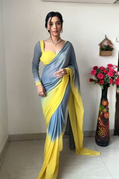 Yellow And Grey Omber paint Georgette Ready To Wear Saree With Unstitched Blouse