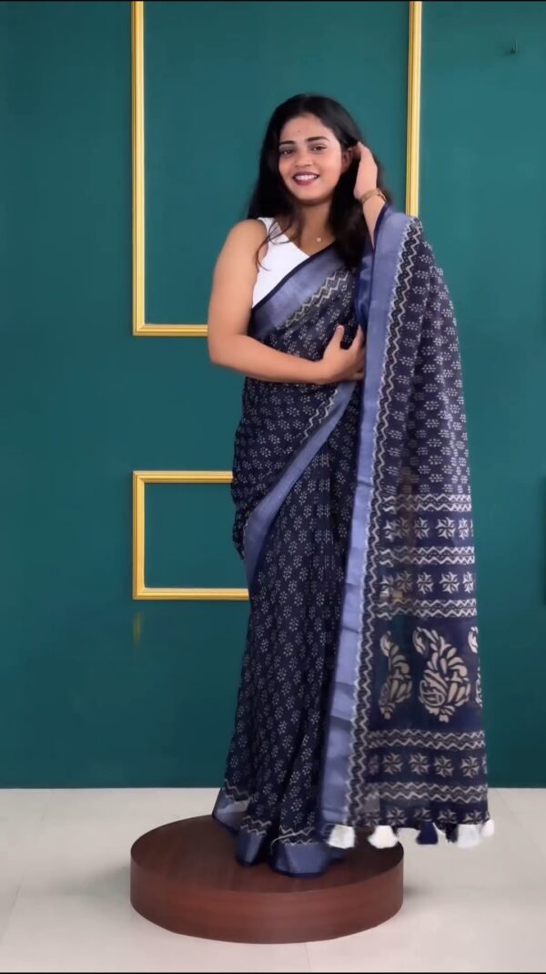 Navy Blue Color Soft Linen Handblock-inspired Geometric And Leaf Motifs Ready To Wear Saree With Unstitched Blouse - Image 5