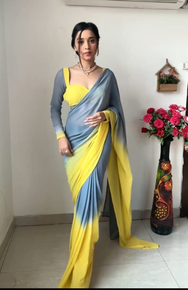 Yellow And Grey Omber paint Georgette Ready To Wear Saree With Unstitched Blouse