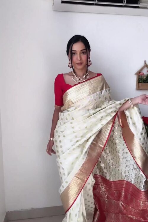 Cream Banarasi Silk Saree With Rich Golden Zari Ready To Wear Saree With Unstitched Blouse