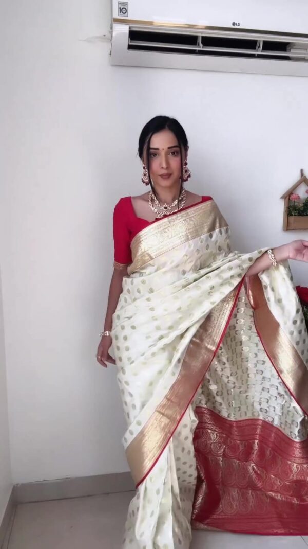Cream Banarasi Silk Saree With Rich Golden Zari Ready To Wear Saree With Unstitched Blouse