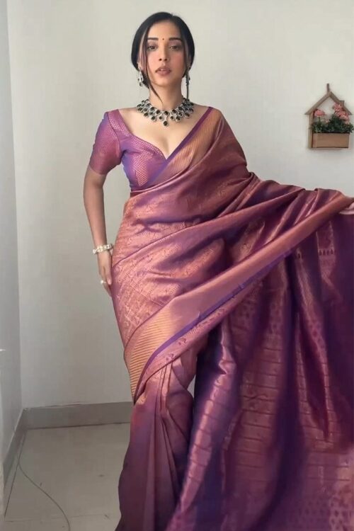 Purple Banarasi Silk Saree With Intricate Zari Work Ready To Wear Saree With Unstitched Blouse