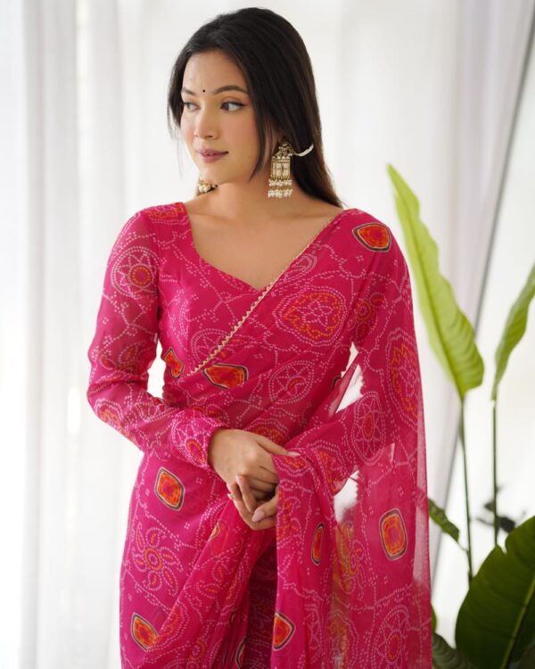 Pink Bandhani Silver Heart Embroidery Ready To Wear Saree With Unstitched Blouse - Image 5