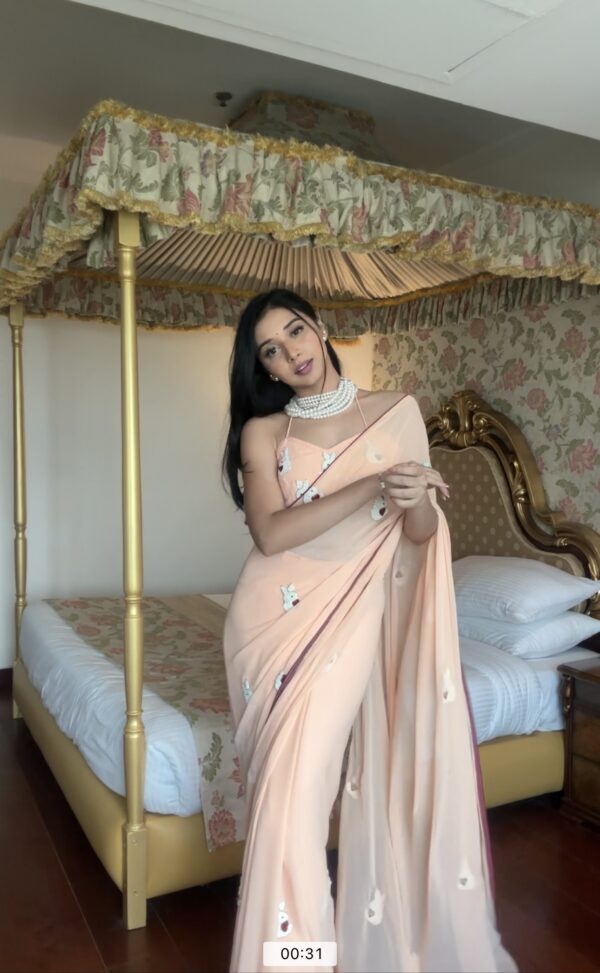 Peach Color White And Maroon Thread Embroidered Motifs Georgette Ready To Wear Saree With Unstitched Blouse - Image 6