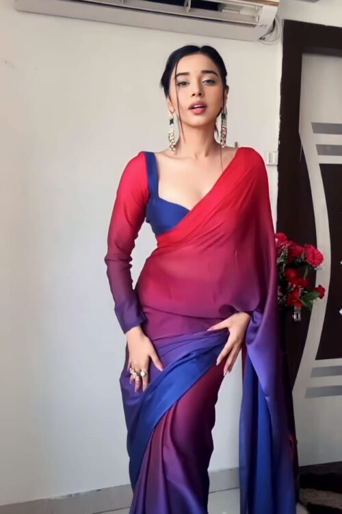 Wine Red And Royal Blue Motifs Georgette Ready To Wear Saree With Unstitched Blouse