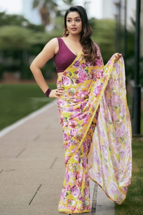 Yellow Floral Printed Georgette Saree with Crochet Lace Border – Lightweight Casual Elegance