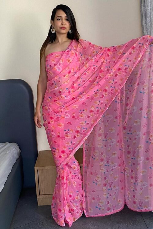 Light Pink Georgette Multicolor Floral Prints Lace Border Ready To Wear Saree With Unstitched Blouse
