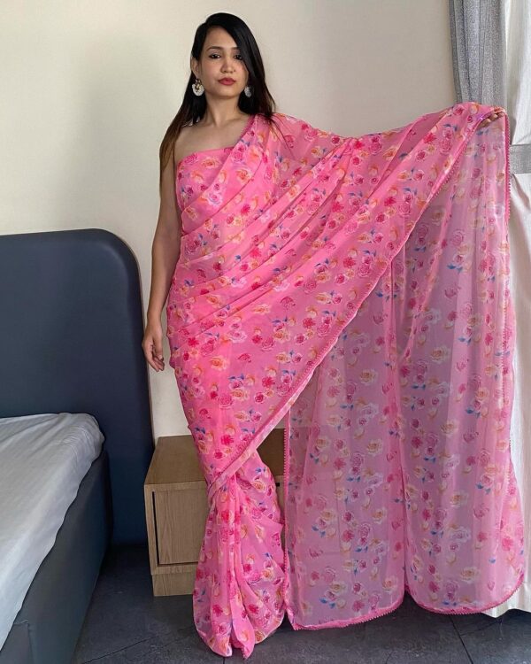 Light Pink Georgette Multicolor Floral Prints Lace Border Ready To Wear Saree With Unstitched Blouse