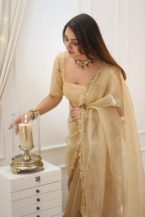 Golden & Cream Color Cotton Saree With Golden Border Ready To Wear Saree With Unstiched Blouse