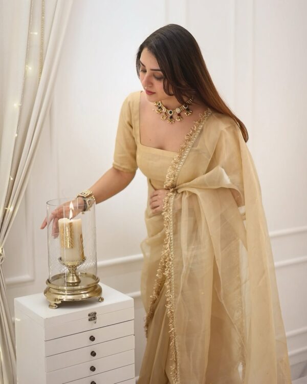 Golden & Cream Color Cotton Saree With Golden Border Ready To Wear Saree With Unstiched Blouse