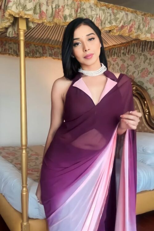 Wine, Mauve, And Blush Pink Ombré Shades Georgette Ready To Wear Saree With Unstitched Blouse
