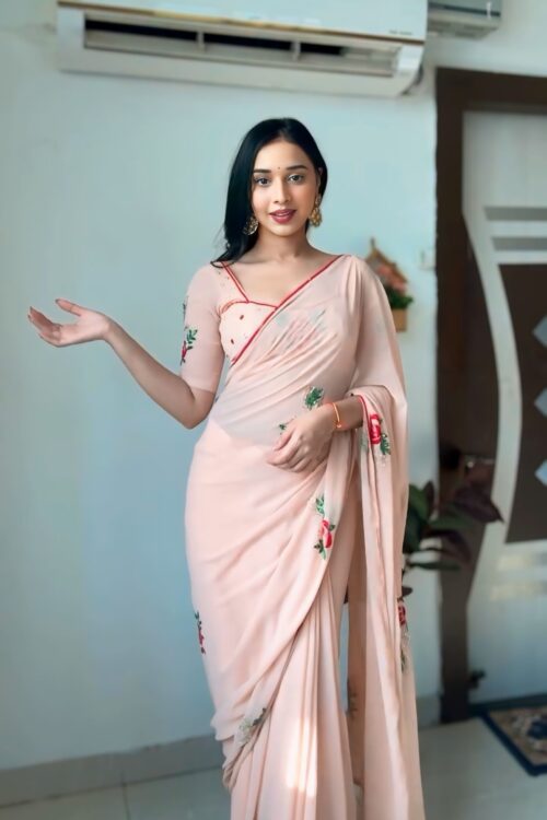 Pastel Peach Georgette Floral Embroidery Red Piping Border Ready To Wear Saree With Unstitched Blouse