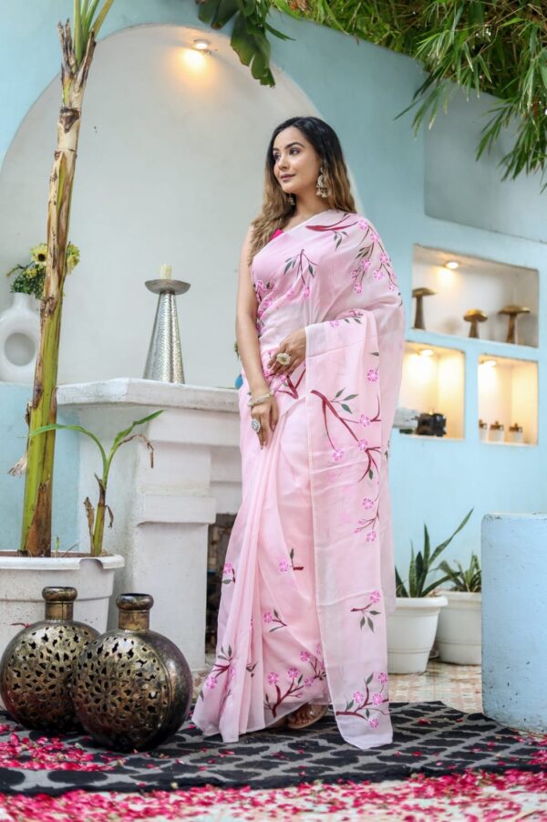 Pink Georgette Ready To Wear Saree With Designer Unstitched Blouse