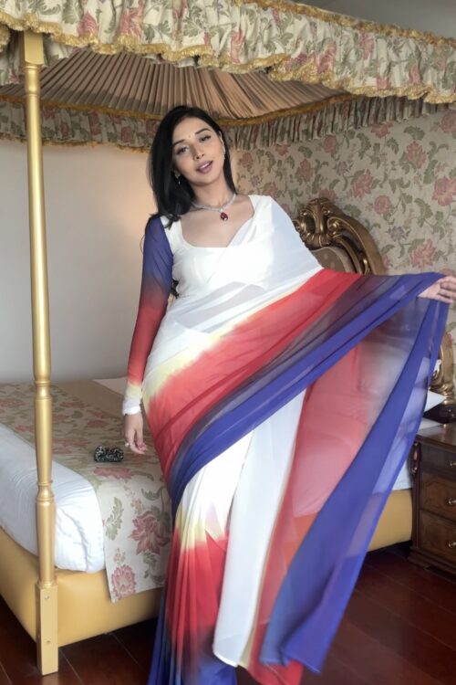 White, Red, Yellow, And Royal Blue Ombré Shades Georgette Ready To Wear Saree With Unstitched Blouse