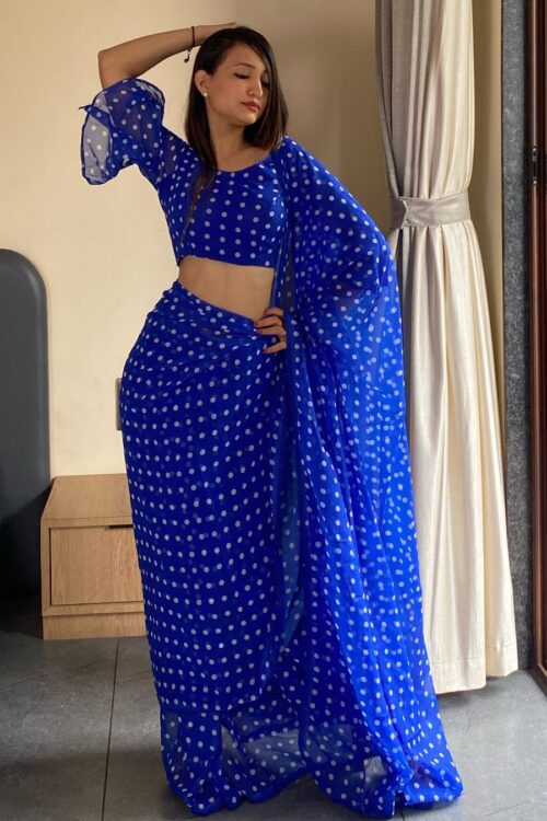 Royal Blue Georgette White Polka Dot Design Ready To Wear Saree With Unstitched Blouse