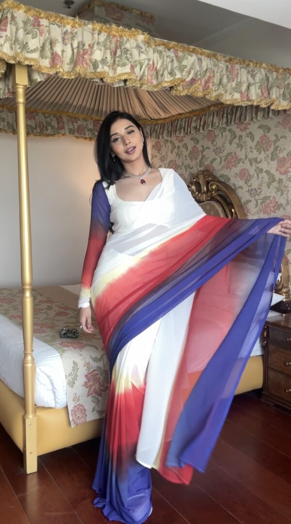 White, Red, Yellow, And Royal Blue Ombré Shades Georgette Ready To Wear Saree With Unstitched Blouse
