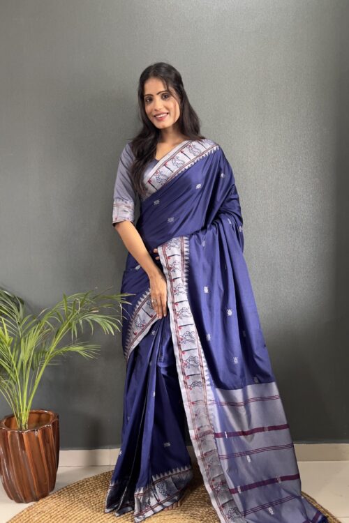 Rich Navy Blue Banarasi Silk White Polka Dot Design Ready To Wear Saree With Unstitched Blouse