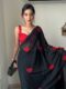 Vibrant Black Small Red Heart Motifs Georgette Ready To Wear Saree With Unstitched Blouse