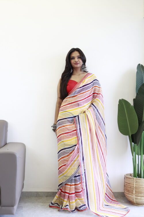 Multi-colored Striped Pattern Georgette Ready To Wear Saree With Unstitched Blouse