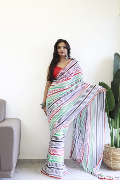 Multi-colored Striped Pattern Georgette Ready To Wear Saree With Unstitched Blouse