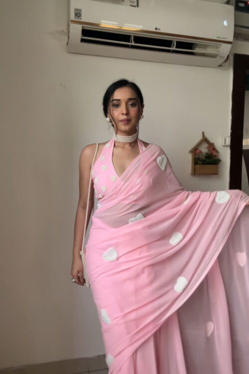 Soft Pink Georgette Saree With Cute White Heart Ready To Wear Saree With Unstitched Blouse