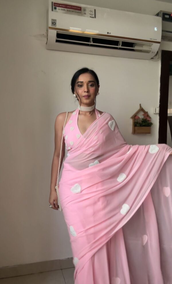 Soft Pink Georgette Saree With Cute White Heart Ready To Wear Saree With Unstitched Blouse