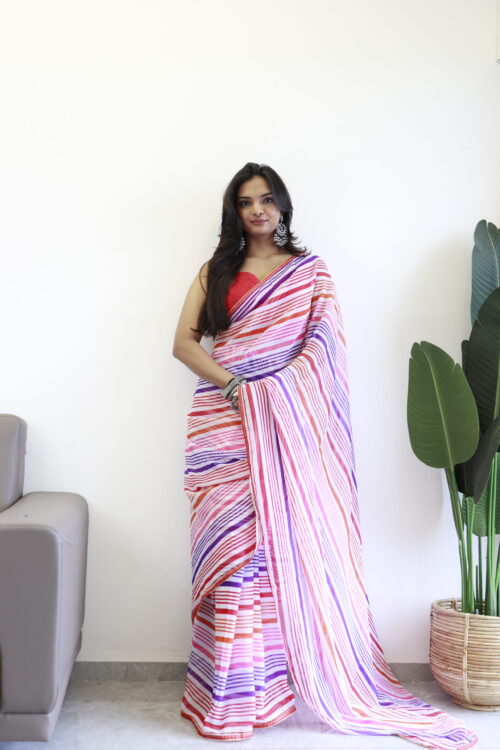 Multi-colored Striped Pattern Georgette Ready To Wear Saree With Unstitched Blouse