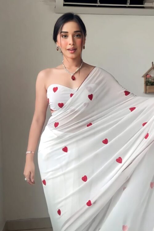 White Saree With Red Embroidered Hearts Ready To Wear Saree With Unstitched Blouse
